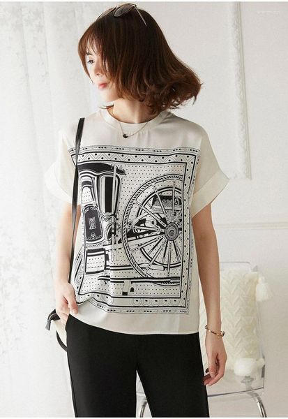 Camiseta feminina com estampa de transporte pesado top de seda manga curta camiseta larga amoreira camisa vintage preto branco