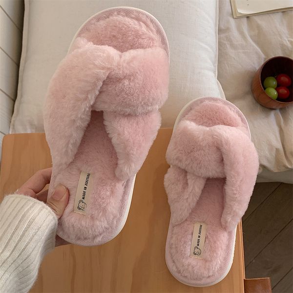 Designer triângulo crossover chinelo slides mulheres rosa marrom inverno casa chinelos macio pele quente peludo mulheres sapatos preto branco sandálias femininas