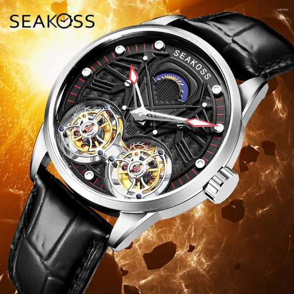 Relógios de pulso SEAKOSS Super Masculino Real Dual Tourbillon Relógios 2023 Edição Limitada Luminosa Mãos Manual Winding Pilotos Homens Mecânicos