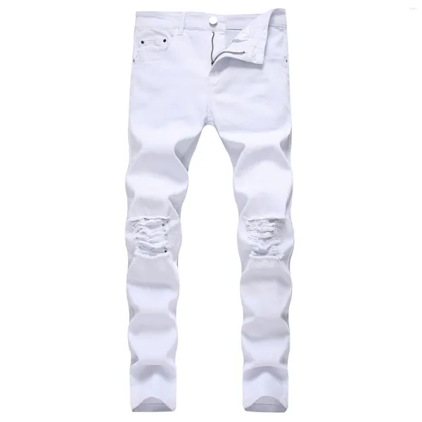 Мужские брюки, мужские уличные рваные белые джинсы скинни, повседневные мотоциклетные джинсовые брюки в стиле панк, Pantalones Hombre