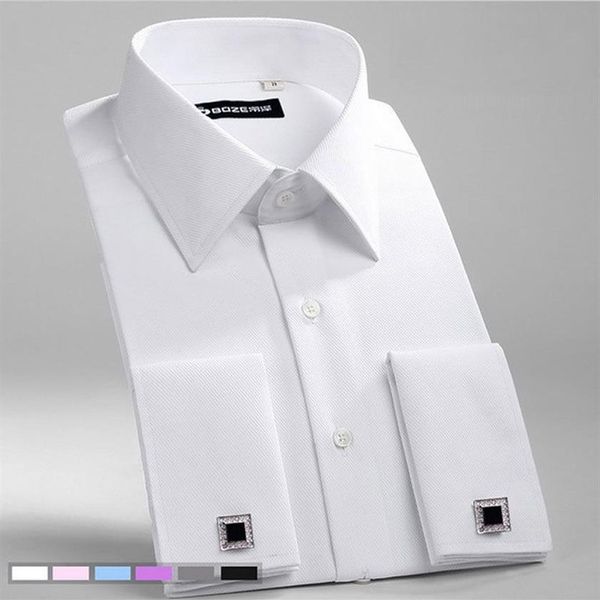 Camisa masculina slim fit com abotoaduras francesas, camisa sem ferro de manga comprida de algodão, camisa formal masculina com punho francês253f