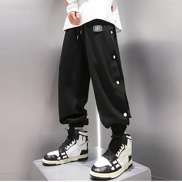 Мужские брюки, модные мужские тонкие спортивные штаны в стиле хип-хоп, весенне-осенние брюки на пуговицах с обеих сторон, уникальный дизайн, свободные прямые брюки для подростков