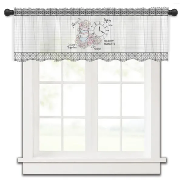 Cortina de azulejos com flor, relógio, xícara de café, janela transparente, cortinas de tule para cozinha, quarto, decoração de casa, pequenas cortinas de voile