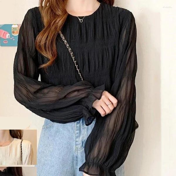 Frauen Blusen Koreanische Mode Chiffon Bluse Frauen 2024 Plissee Frau Hemd Elegante Tops Lose Lange Hülse Kleidung Blusas 27035