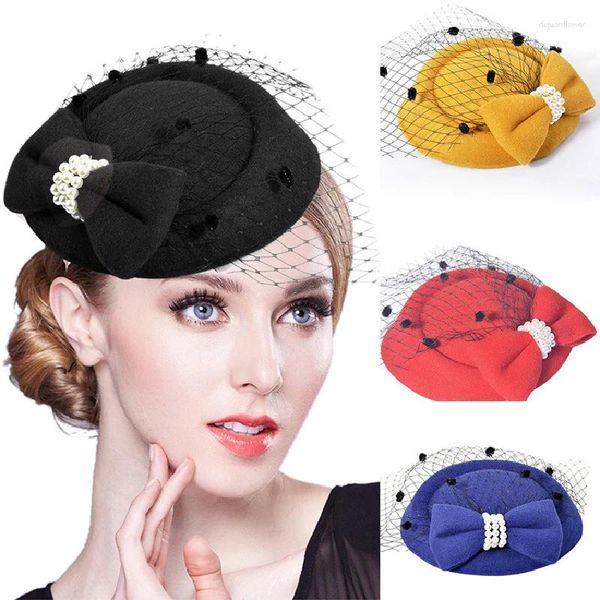 Berets Francês Nupcial Casamento Elegante Chapéu Racing Festival Malha Tiara Mulheres High-End Tweed Black Lace Bow