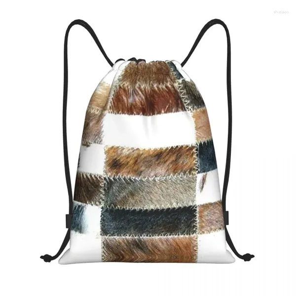 Alışveriş Çantaları Özel Cowhide Patchwork Doku Drawstring Çantası Erkek Kadınlar Hafif Hayvan Kürk Deri Spor Depolama Sırt Çantası