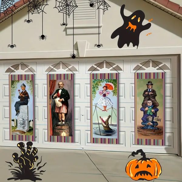 4 pezzi grande set di ritratti allungati di una villa stregata per esterni, in vinile, decorazione di Halloween, sfondo di una villa stregata, decorazioni horror vintage di Halloween