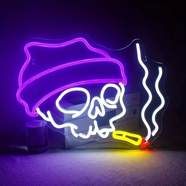 1 Stück Totenkopf-LED-Leuchtreklamen, Halloween-Leuchtreklamen, Hip-Hop-Party-Leuchtreklamen, Halloween-Geschenke, Schlafzimmer-Wanddekorationen, Heimwanddekorationen, Geburtstagsfeier-Lichter,