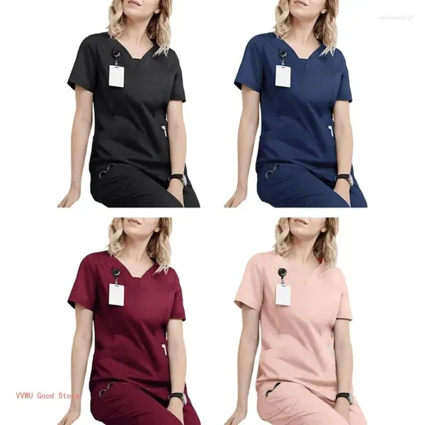 Zweiteilige Damenhose mit kurzen Ärmeln, Scrubs, Krankenpflegeuniform, Damen-Arbeitskleidungsuniform mit V-Ausschnitt und Tasche