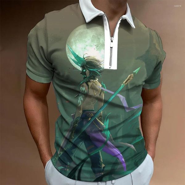 Polos masculinos verão zip polo t camisa para roupas masculinas vintage anime 3d impressão hip hop manga curta camisas soltas moda topo