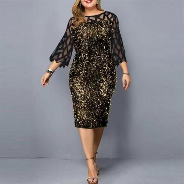 Abiti taglie forti Elegante 2021 Donna Sexy Midi Abito da sera con paillettes Manica lunga Oro Party Night Maglia Abbigliamento di lusso292o