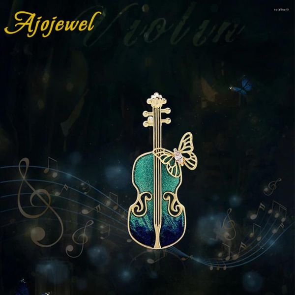 Broschen Ajojewel Blaue Emaille Violine Brosche Für Haar Mit Goldenen Schmetterling Anzug Pin Kristall Musikinstrument Schmuck Schönheit Geschenke