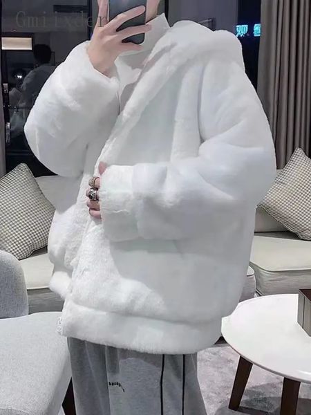 Мужская кожаная зимняя плюшевая шуба из искусственного меха Gmiixder для корейской улицы, оверсайз, утепленная кашемировая куртка с капюшоном, имитация кашемира 231016