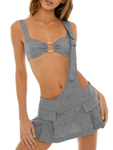 Vestido de duas peças feminino roupas de verão anel recorte camisola e um ombro plissado suspender mini saia streetwear