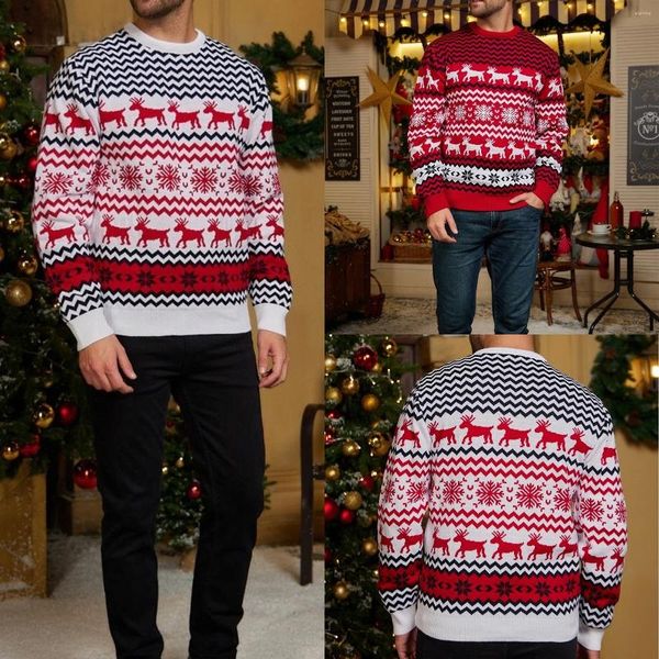 Herrenpullover Herren Strickpullover Langarm Schneeflocke Elchmuster Häkelpullover Weihnachtsstil Lässiger Rundhalsausschnitt Urlaubsoutfit