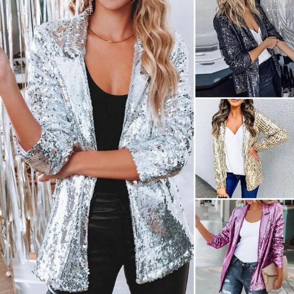 Jaquetas femininas elegante outono blazer ol estilo senhora jaqueta mangas compridas lantejoulas brilhantes encantador colarinho virado para baixo