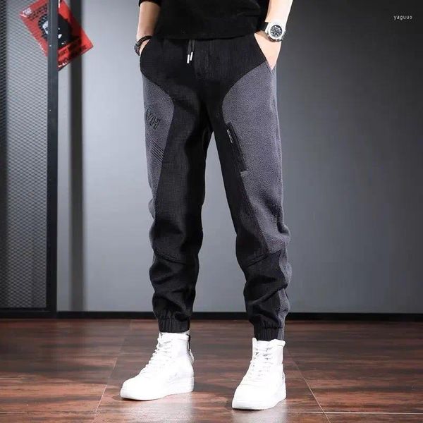 Erkek pantolon kadife renk bloğu patchwork sokak kıyafeti kargo hip hop spor erkek joggers harem pantolon pamuk pantolon