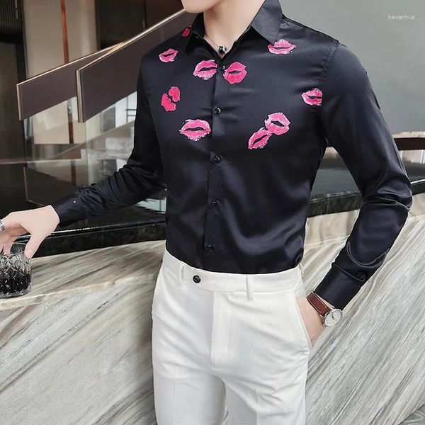 Camisas casuais masculinas moda coreana sexy lábio bordado camisa para homens manga longa streetwear festa social nightclub smoking blusa 2023