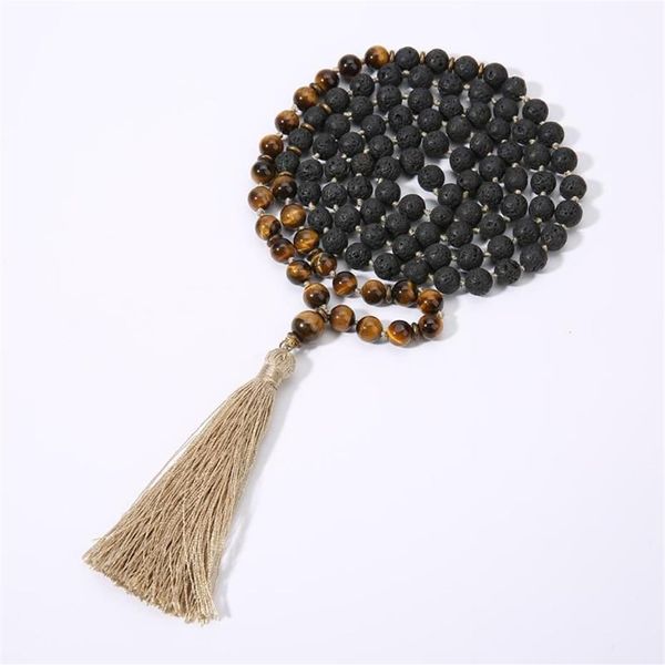 8mm preto lava pedra amarelo tigre olho 108 mala frisado atado colar meditação bênção yoga japamala jóias masculino e feminino p197h