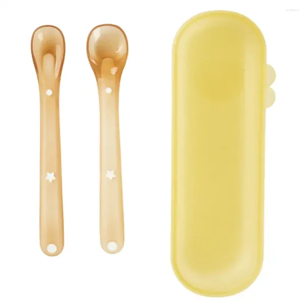 Set di stoviglie 2 pezzi cucchiaio in silicone per bambini punta morbida piatti per alimentazione senza BPA alimentatore di sicurezza kit per addestramento infantile