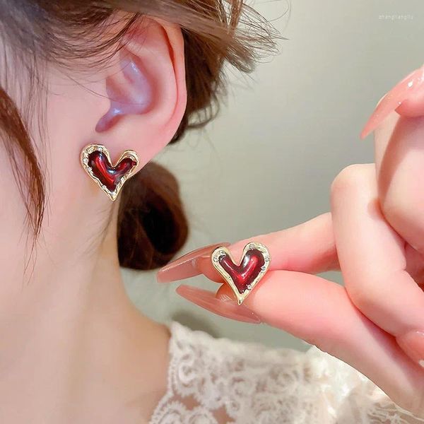 Orecchini per borchie Hangzhi 2023 Corea Fashion Metal Geometric Mosaic Crystal Heart for Women Delicate Piccolo Red Gioielli Regalo