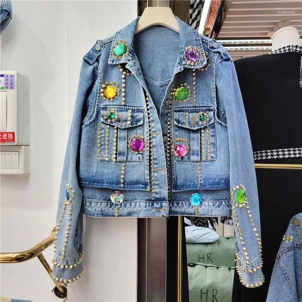 Kadın Ceketleri Bahar Kadın Moda Perçin Pırlanta Kısa Denim Ceket Gevşek Sokak Giyim Sıradan Yakası Uzun Kollu Kot Palto