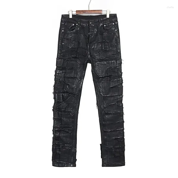 Jeans da uomo da uomo High Street rivestiti in cerata denim con taglio a coltello pantaloni strappati uomo streetwear moda nero scuro marchio vintage