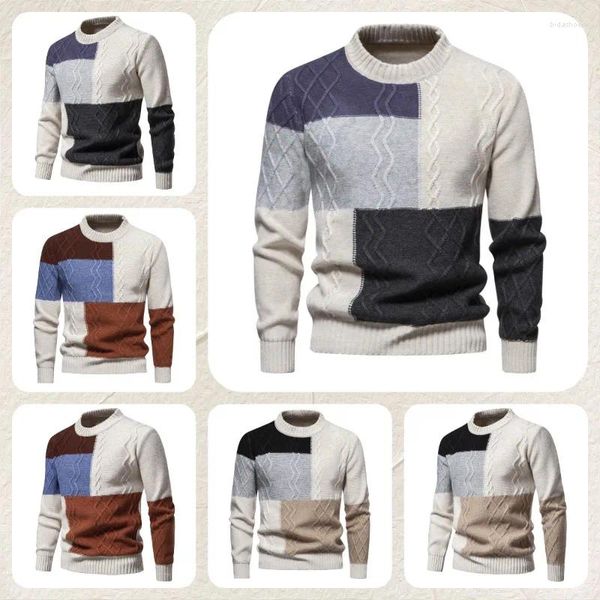 Coletes masculinos outono e inverno moda casual tendência contraste cor emenda de malha em torno do pescoço camisola de manga comprida