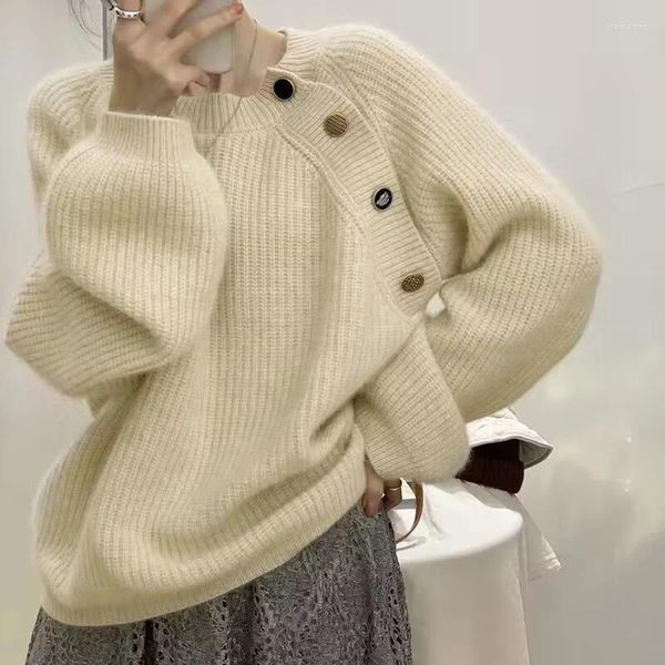 Damenpullover Herbst Winter Laterne Langarm Strickpullover Pullover Vintage Lose Mode Jumper Kleidung O-Ausschnitt Knöpfe 28219