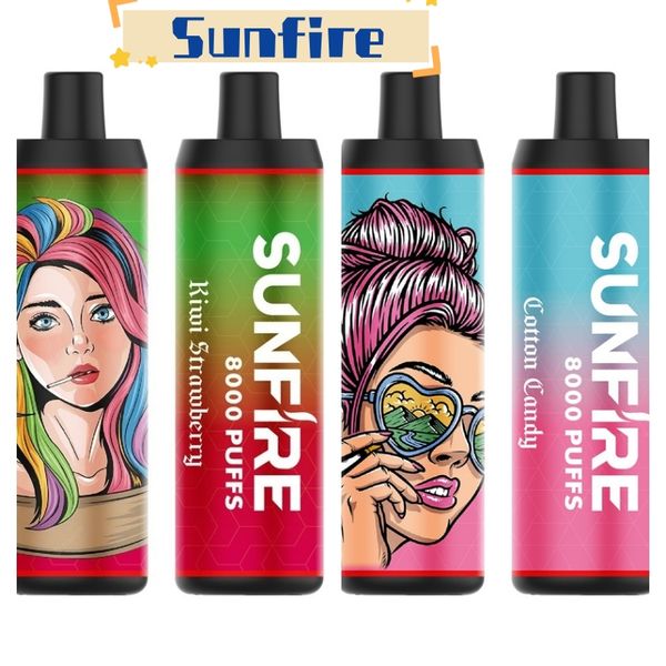 2023 Novo Original Sunfire 7000 8000 Puffs em Estoque Caneta Vape Descartável 15ml Pré-preenchido 850mAh 0% 2% 3% 5% Dispositivo de Cigarro