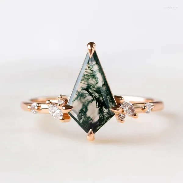 Cluster anéis musgo ágata 925 prata casamento kite em forma natural verde zircão anel elegante senhora jóias