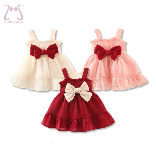 Mädchen Kleider Sommer Baby Mädchen Mode Geburtstag Party Temperament Mesh Hosenträger Abendkleid Einfarbig Kinder Kleidung Bogen Kinder Kostüm 231016