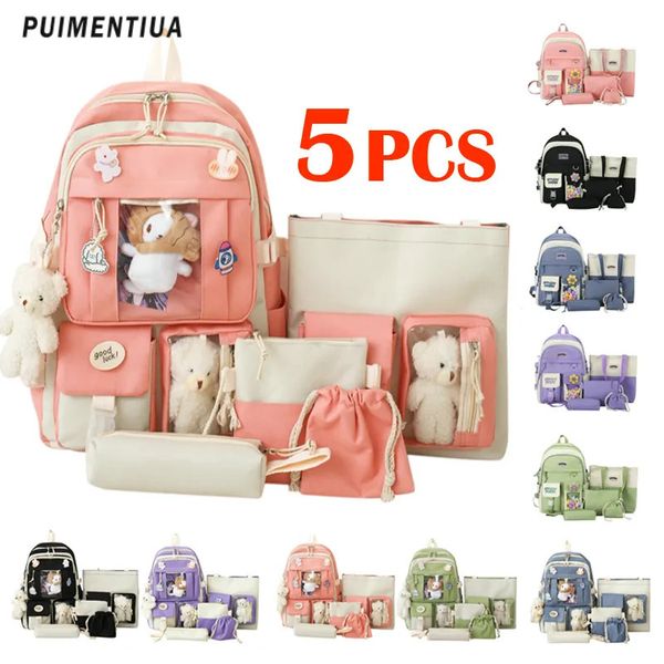 Okul Çantaları 5 PCS Setleri Harajuku Kawaii Çocuklar Okul Sırt Çantası Sevimli Kadınlar Çakası Bookbag Dizüstü Torbası Genç Kızlar Öğrencileri Bag Rucksack 231016