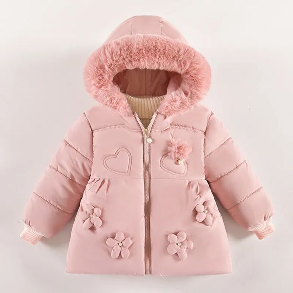 Piumino Fiori Autunno Inverno Giacca da bambina Collo di pelliccia Mantieni caldo Piccola principessa Cerniera con cappuccio Capispalla per bambini 24 anni Abbigliamento per bambini 231016