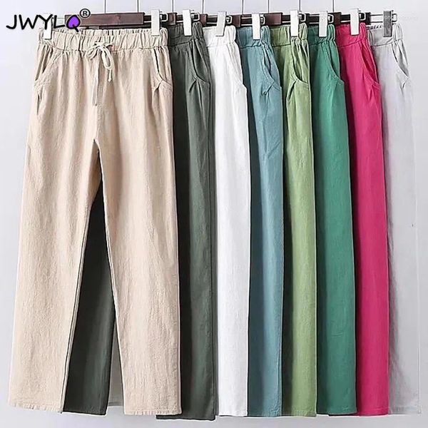 Pantaloni da donna Casual in cotone e lino larghi da donna alla moda coreana Solido elastico in vita con lacci Pantaloni larghi con tasche nere bianche Harem