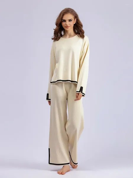 Женские брюки из двух предметов с контрастным разрезом и длинными рукавами, женский вязаный свитер, комплект с высокой талией, тонкий широкий костюм 2023, осенний женский вязаный наряд