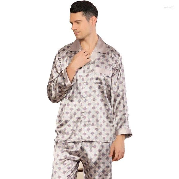 Indumenti da notte da uomo Autunno Casual Homewear Stampato Plaid Raso Uomo Pigiama Set Indumenti da letto Camicia da notte Camicia da notte in seta Abito da casa 2 pezzi Pigiama uomo XXXL