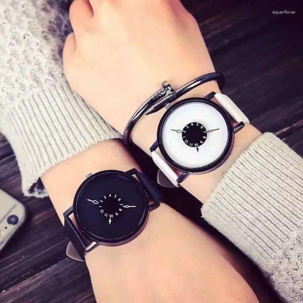 Armbanduhren Einfache Zifferblatt Quarzuhren Ins Casual Weiß Schwarz Paar Lederband Uhr Uhr Für Männer Frauen Uhren Para Mujer