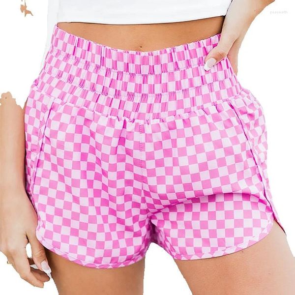 Shorts femininos rosa leopardo impressão cintura alta esportes xadrez elástico cinto casa capris mulheres