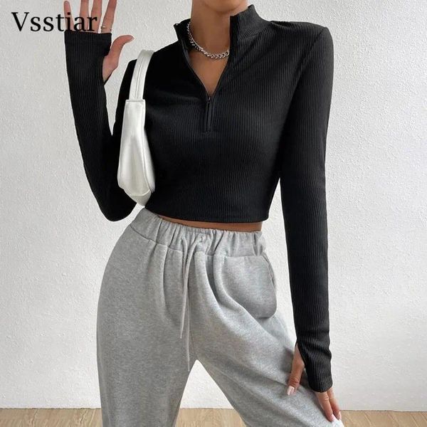 Damen-T-Shirts Vsstiar 2023 Herbst Winter gerippte gestrickte Frauen schwarze lange Ärmel vorne Reißverschlüsse Slim Crop Top Mode All-Match-Kleidung