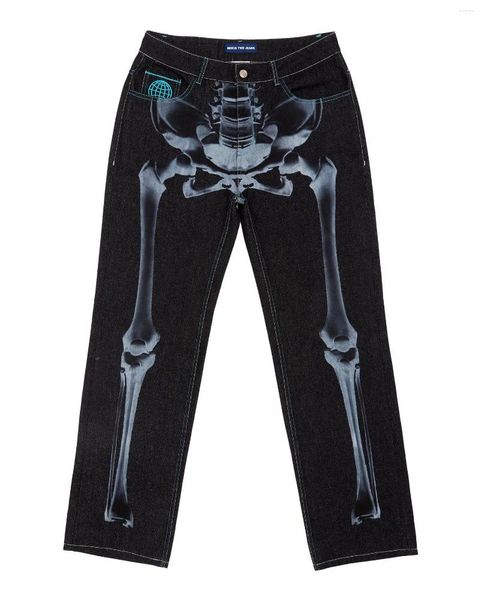 Jeans masculinos homens y2k hip hop crânio padrão impressão preto solto homens moda retro harajuku punk goth streetwear perna larga denim