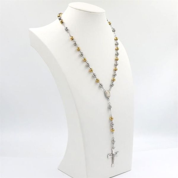 1 Edelstahl Kugel Jungfrau Maria Rosenkranz Halsketten Perlenkette Anhänger Katholische Kirche Frauen Männer Kreuz Jesus Christian Jewelry259w