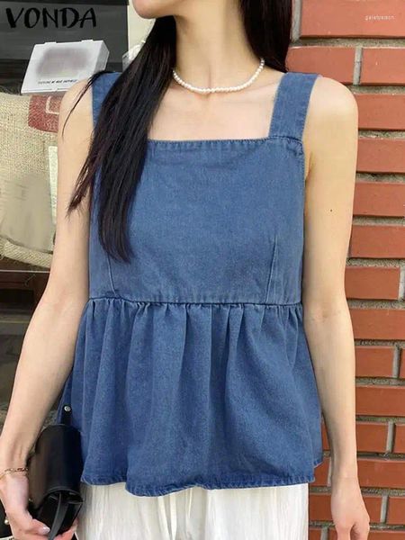 Kadın Tankları Yaz Kolsuz Tank Tops Moda Kadın Denim Gömlekler 2023 Vonda Seksi Camis Strap Square Yakası Fırlatılmış Düz Renkli Tişört