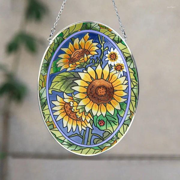 Decorações de jardim oval girassol suncatcher vitral janela pendurado ornamento pintado à mão decoração para ou parede