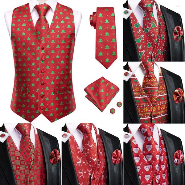 Coletes masculinos moda christma vermelho seda homens colete vestido magro sem mangas jaqueta 4 pc lenço cufflink conjunto paisley terno colete hi-tie