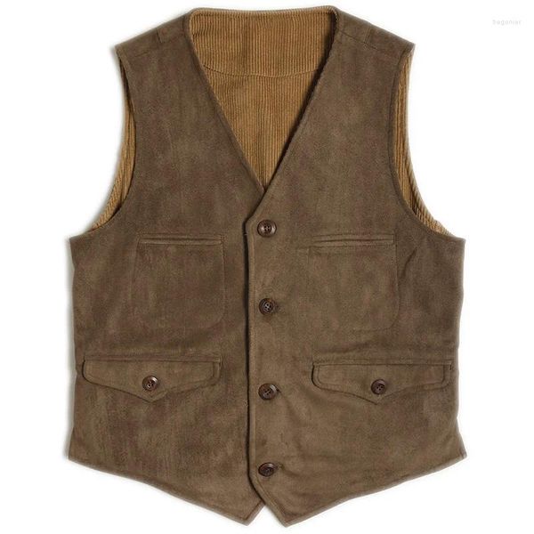 Gilet da uomo Gilet in velluto a coste e pelle scamosciata con tasche Classico blazer vintage senza maniche Abito da cerimonia formale da lavoro Marrone Cachi