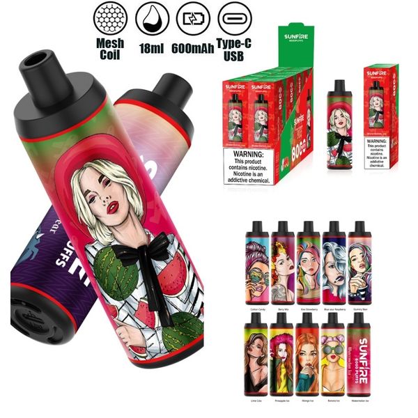 Neuankömmling 2023 Sunfire 8000 Einweg -Vape -Kit 8000 Puffs 600mAh 18ml Big Puff Vape Elektrische Zigarette Großhandel Vaporizer Einweg -Vape -Stift