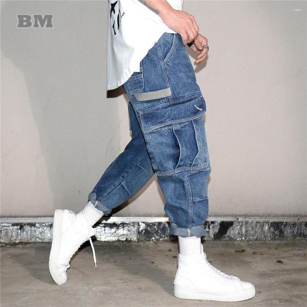 Мужские джинсы, американская уличная одежда с несколькими карманами, одежда для мужчин, корейские джинсовые шаровары в стиле хип-хоп, повседневные укороченные штаны-шаровары в стиле Харадзюку