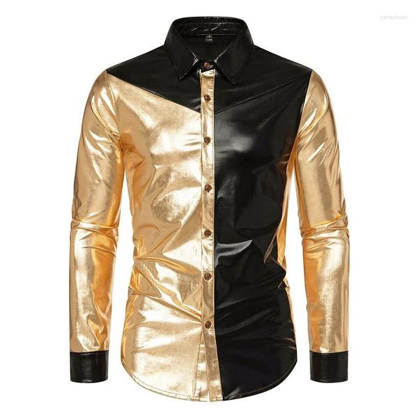 Camisas casuais masculinas Brilhante sensação metálica de manga comprida camiseta cor combinando dança boate palco vestido ouro e prata festa