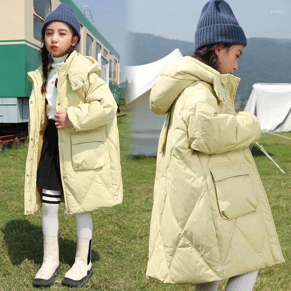 Para baixo casaco 2023 moda branco jaqueta de inverno para meninas com zíper roupas à prova dwaterproof água com capuz crianças puffer solto crianças longo parka